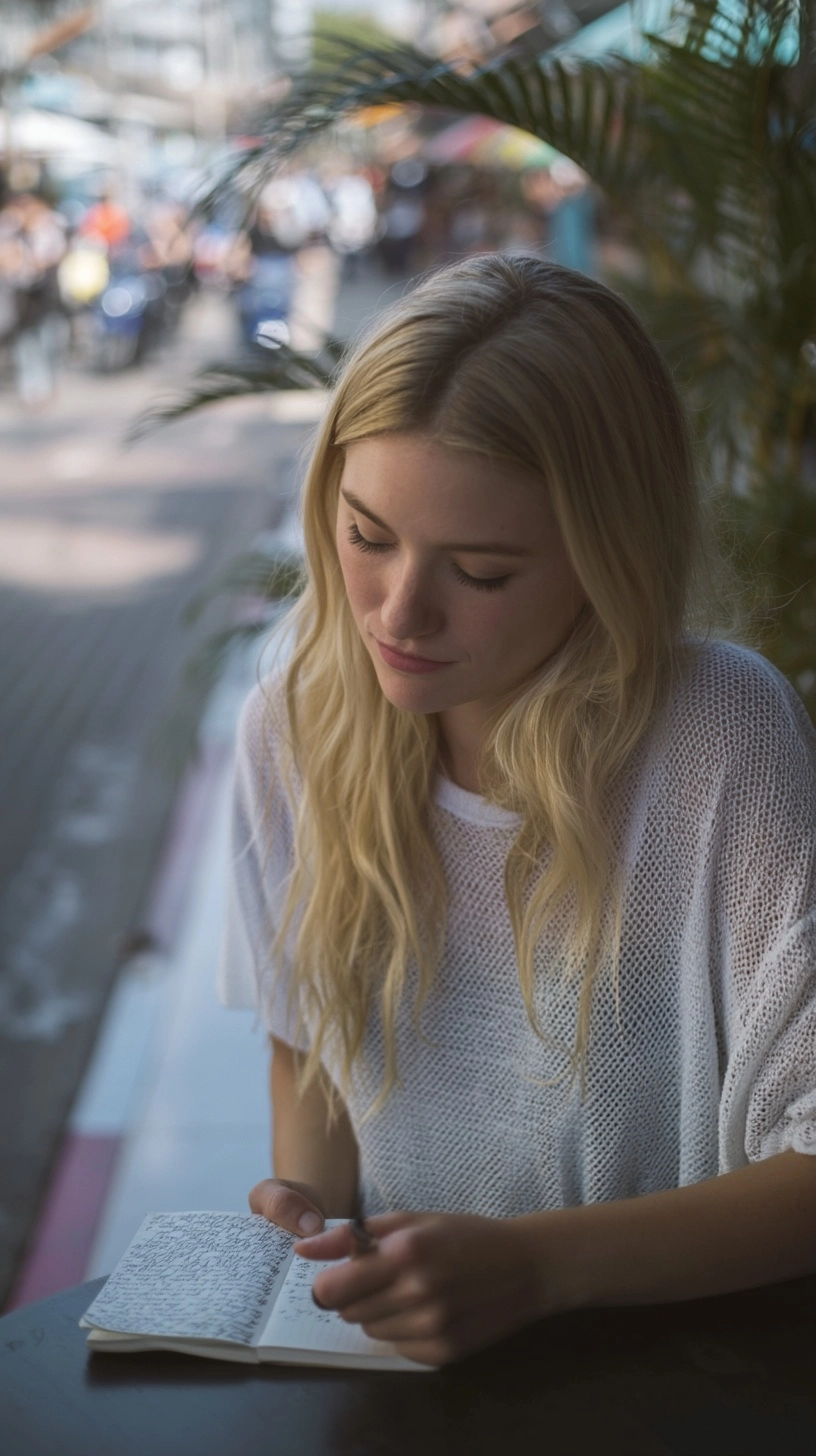 A candid outdoor photograph taken during the day of the American female artist from image_1.png with