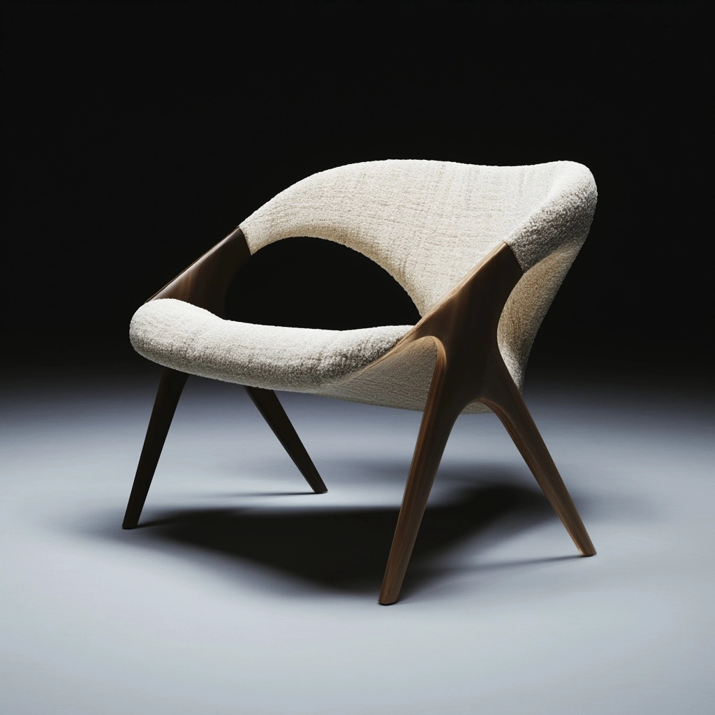 A chair in a sleek minimalist design with clean sculptural lines, playful futuristic forms
