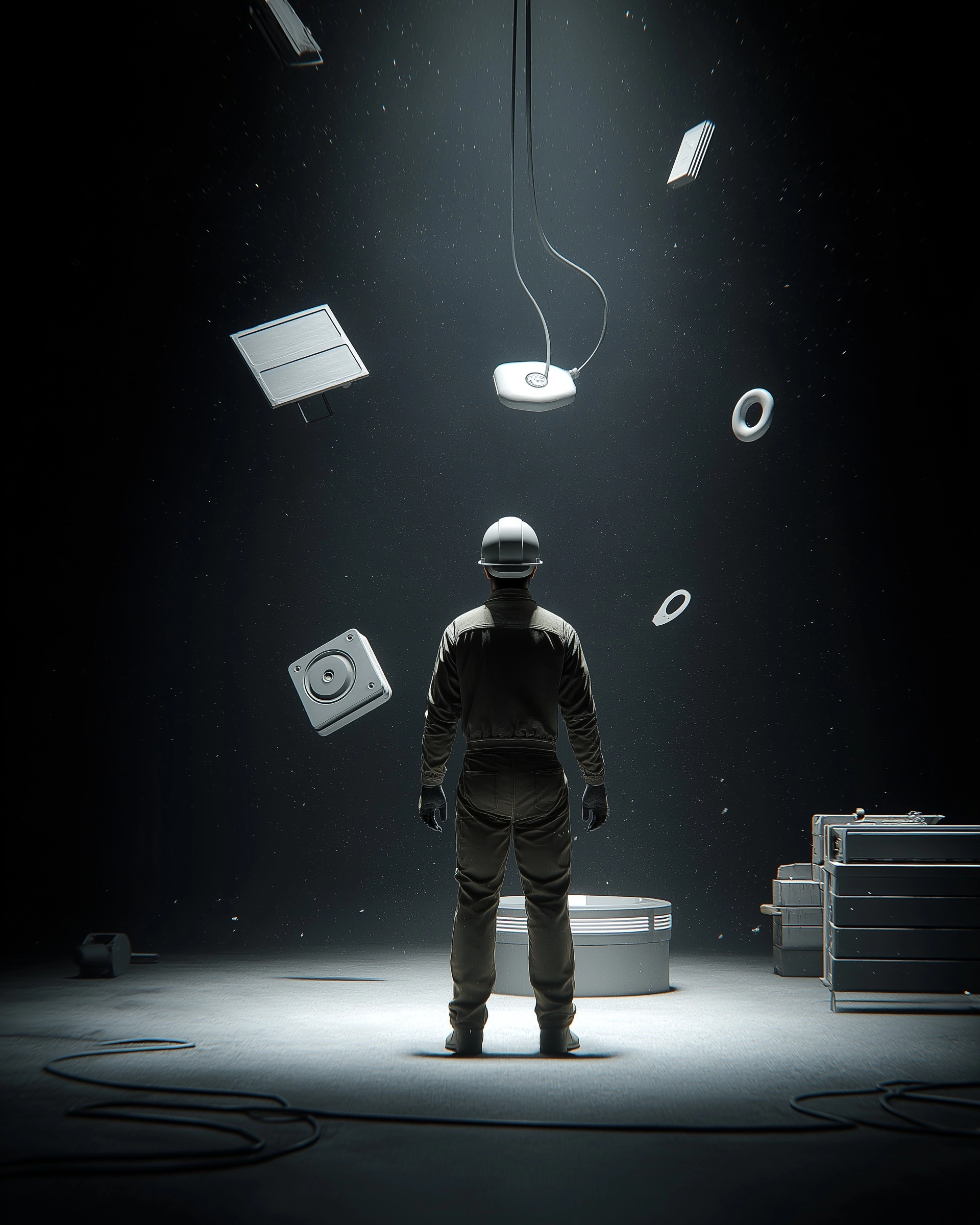 A cinematic industrial scene captured from an over-the-shoulder perspective of a machine operator st