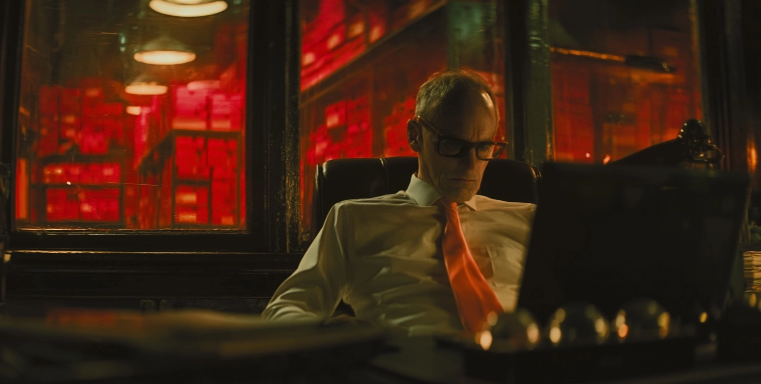A cinematic still of an office desk with the boss sitting behind it. he is middle-aged and balding