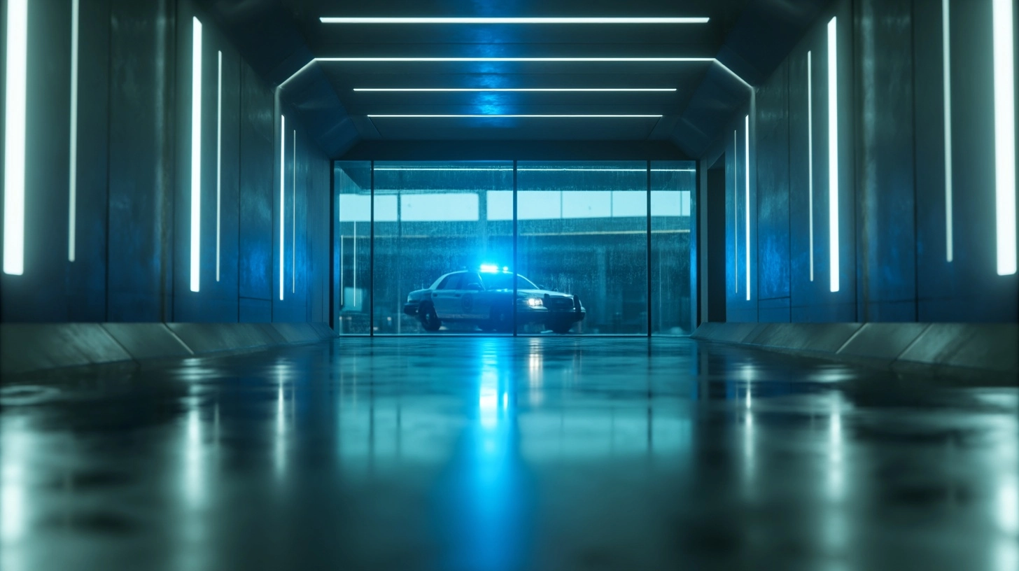 A cinematic photograph of a high-tech police station hallway at night, futuristic design