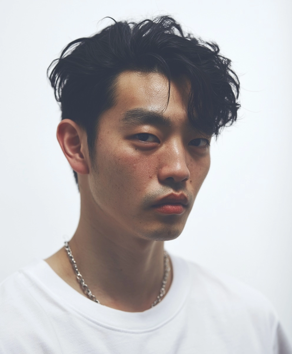A close-up portrait of a young 20-years old East Asian guy with dark