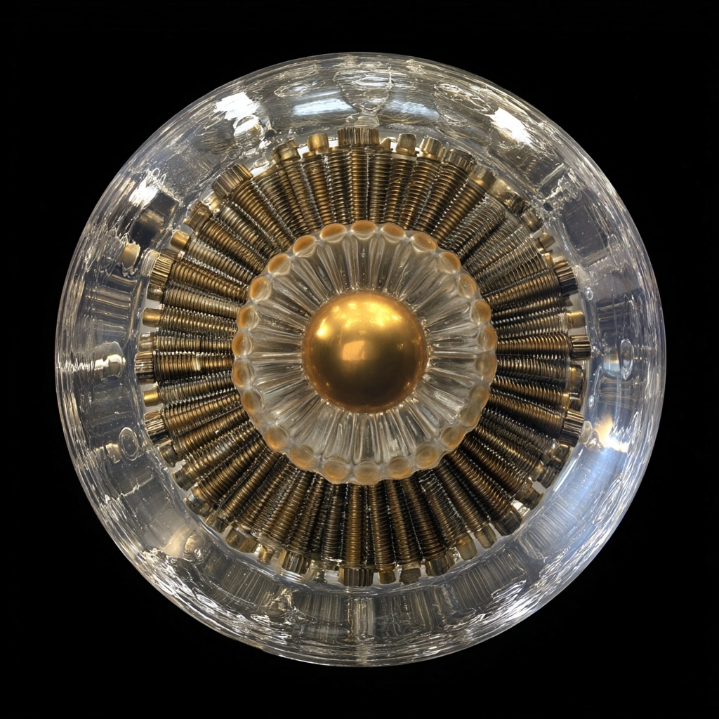A circular glass-and-metal orb presented frontally like a sacred lens, optical relic