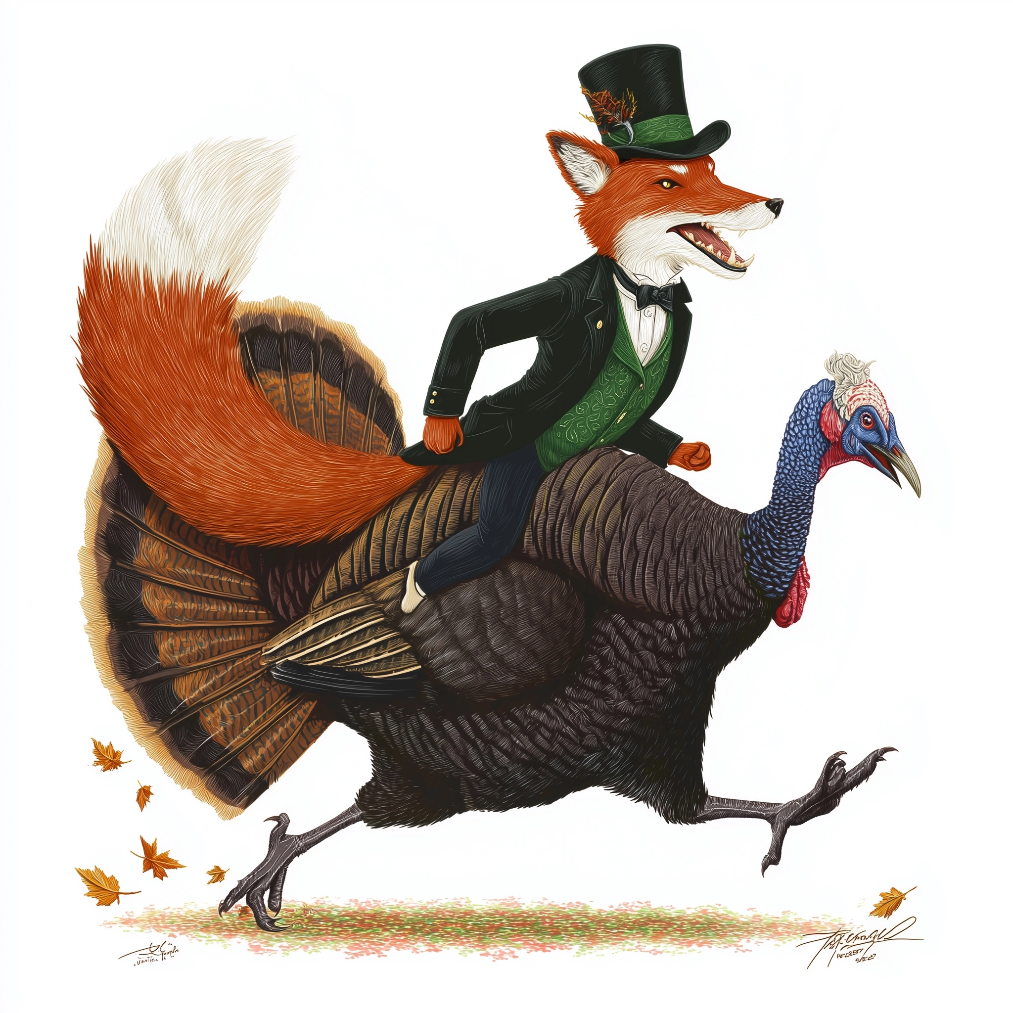 A dapper anthropomorphic red fox dressed in a sumptuous midnight-black Victorian tailcoat with emera