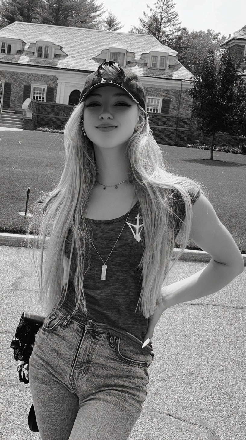 A color photograph of a very skinny athletic feminine nonbinary boy with long blonde hair