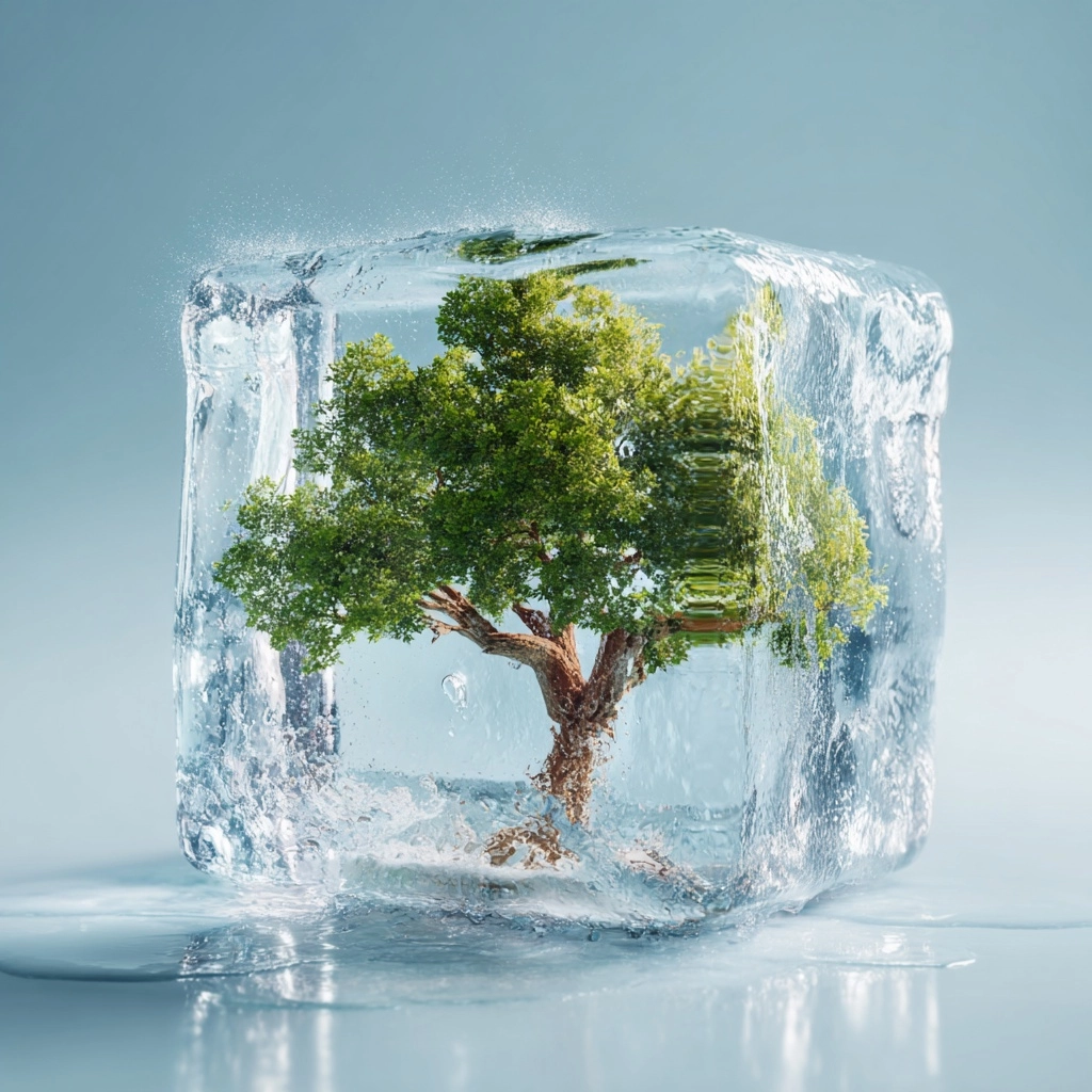 A conceptual advertising visual of a lush green tree encapsulated inside a crystal clear ice cube su
