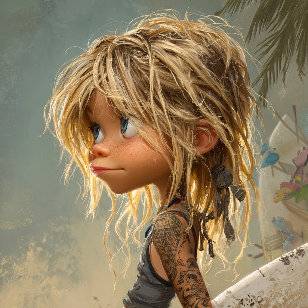 A cool hyper realistic side profile caricature of a tanned 3 year old toddler surfer girl with long