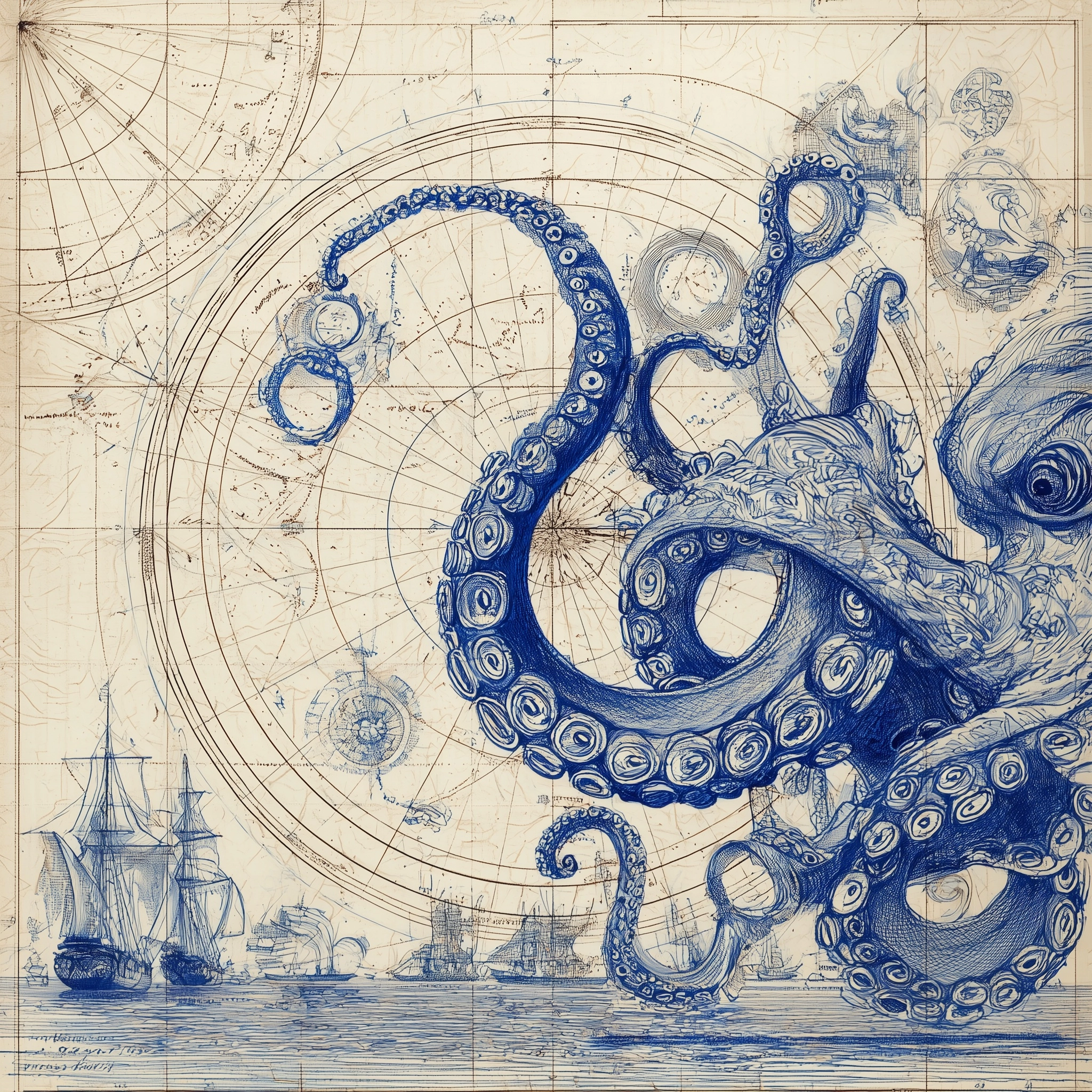 A detailed drawing of an octopus tentacle on a vintage nautical chart