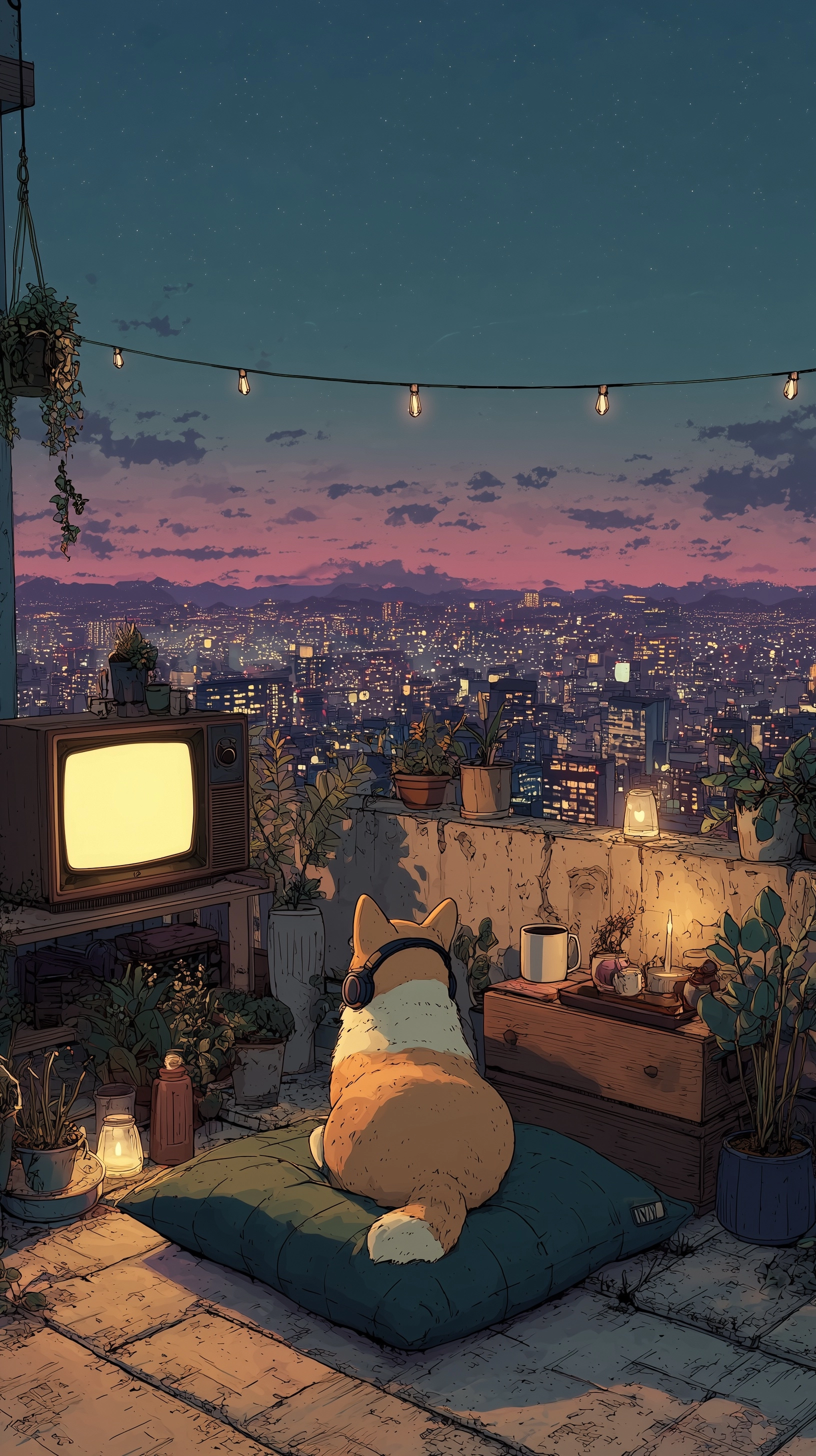 A detailed anime-style Lofi illustration of a corgi with headphones