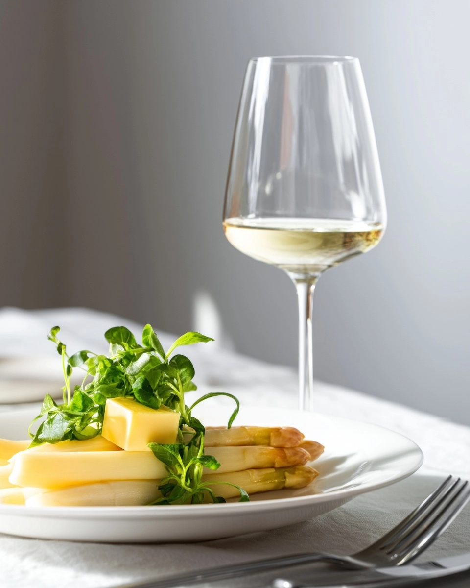 Closeup of a White wine glass next to white asparagus dish with butter