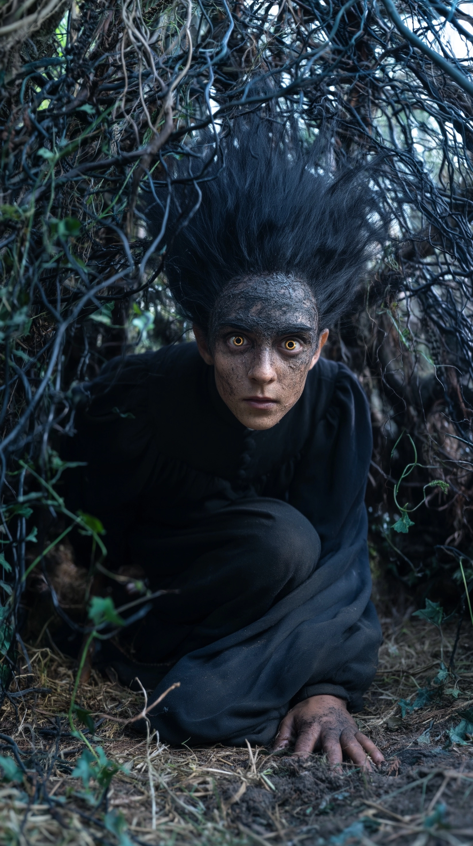 Cinematic movie still from a dark fantasy epic, a perfect fusion of 65% gritty photorealism