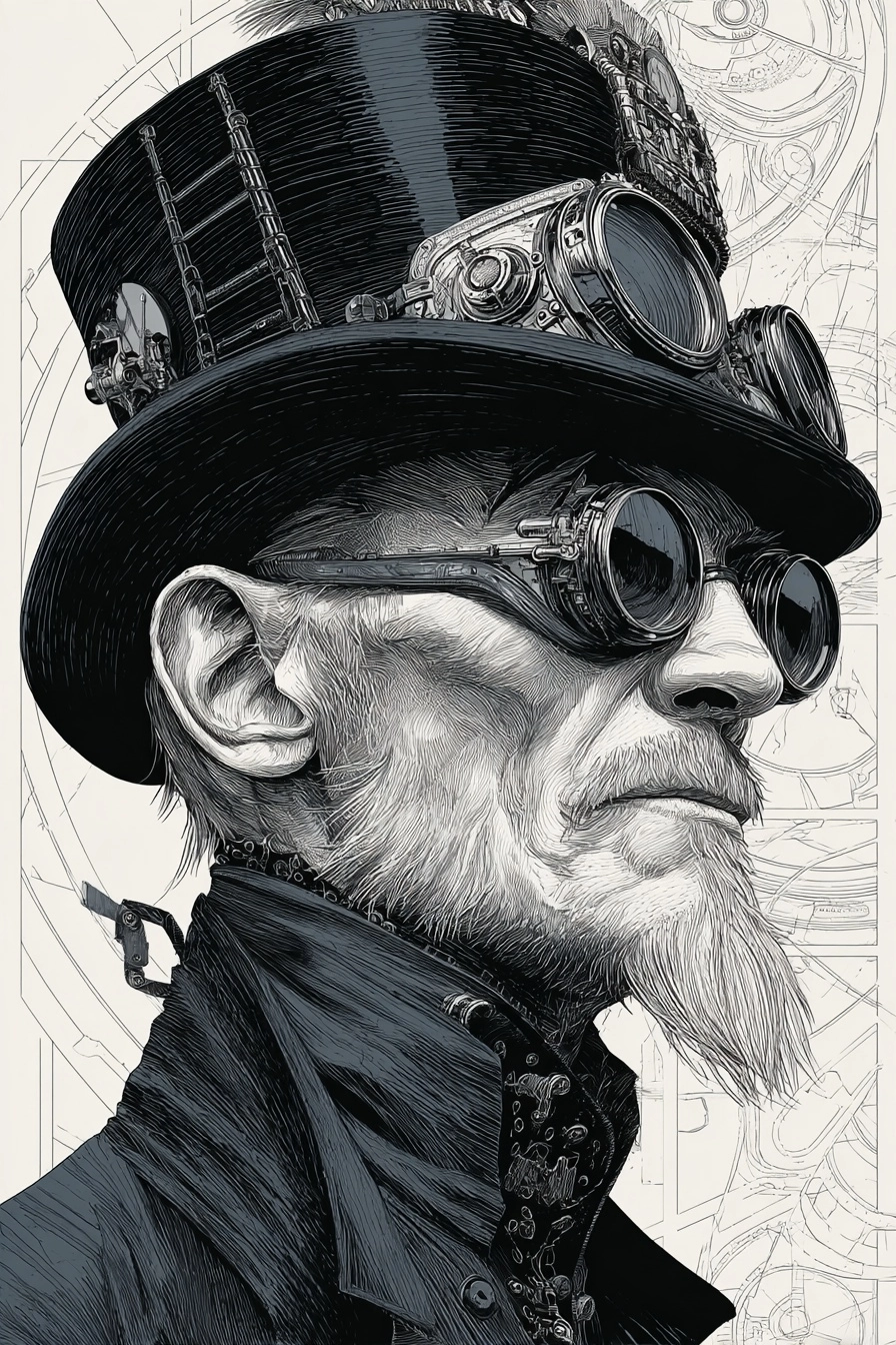 A detailed schematic drawing of an older man with steam punk influences