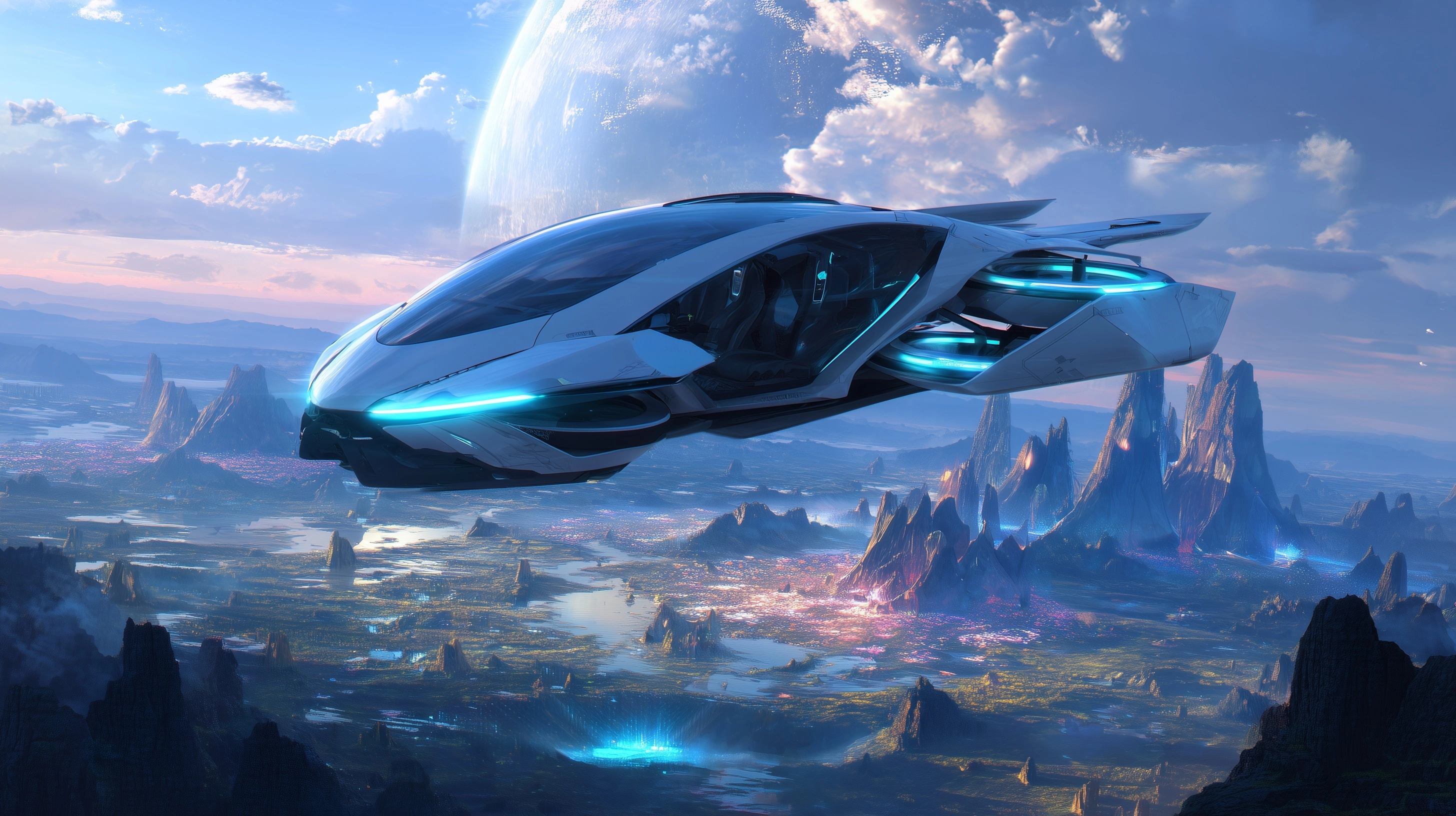A flying car with sleek modern design flying over an alien landscape