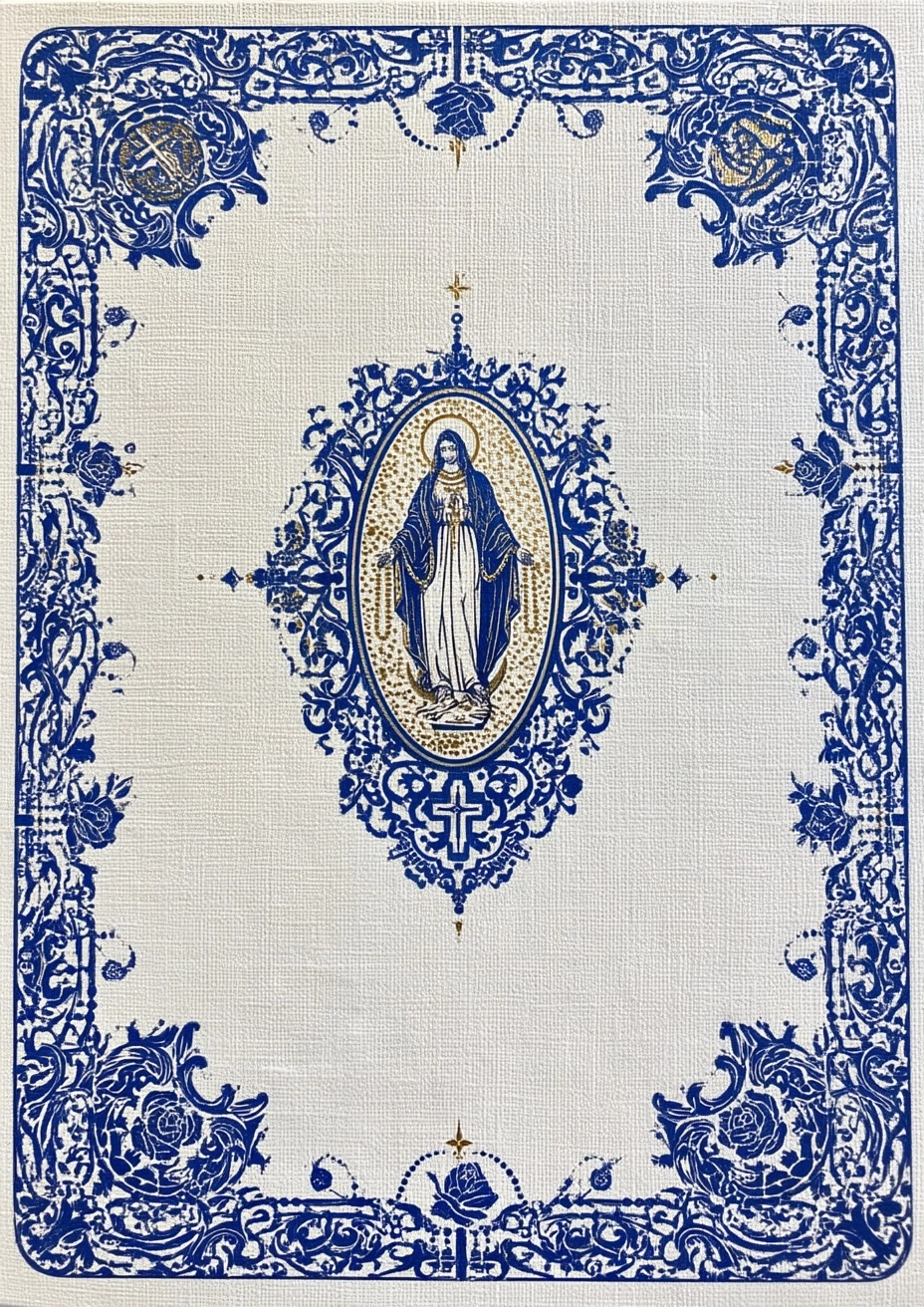A front-facing Catholic book cover in a classical fine-press style, predominantly white