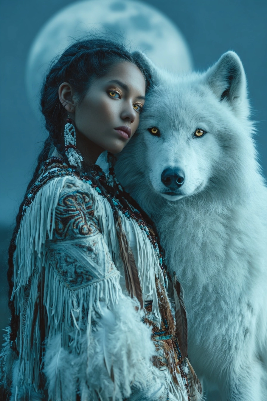 A full-body photo of a beautiful young native american woman with yellow eyes