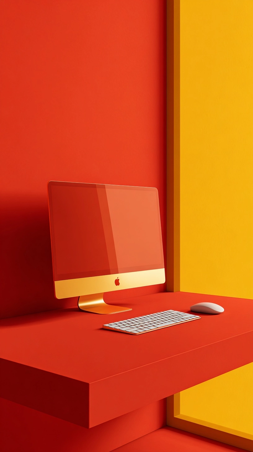 Minimalist render of a clean red desk with imac monitor and keyboard, clear composition