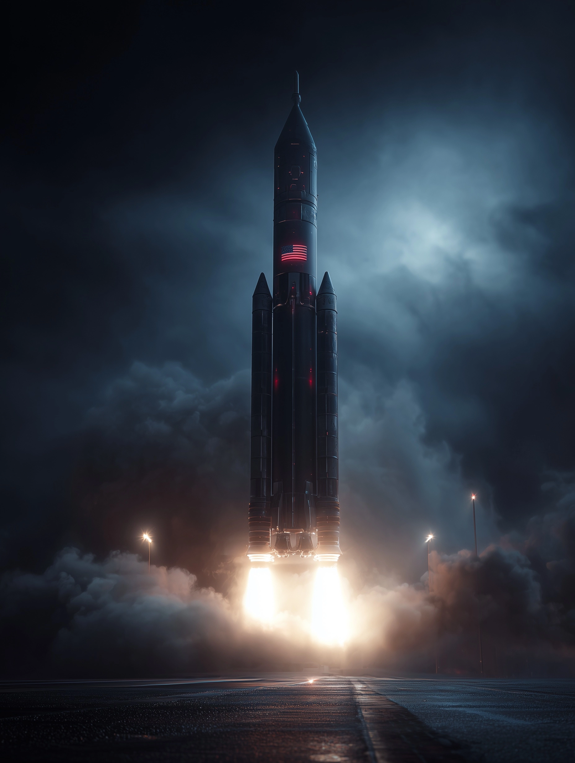 A futuristic black-toned heavy-lift rocket inspired by the SLS at the moment of liftoff