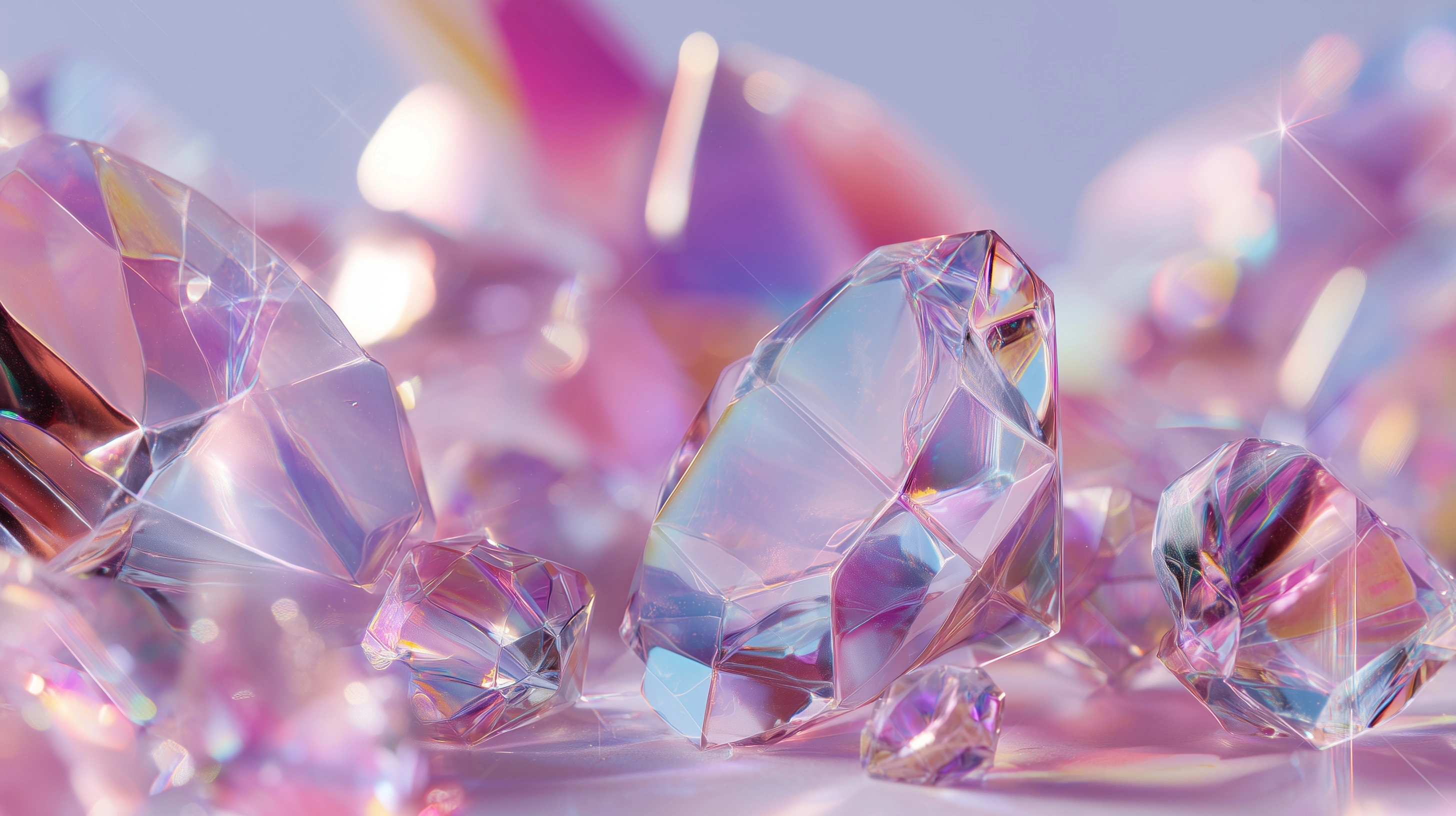 A high-key luxury fashion editorial still life featuring countless colorful crystals as the absolute