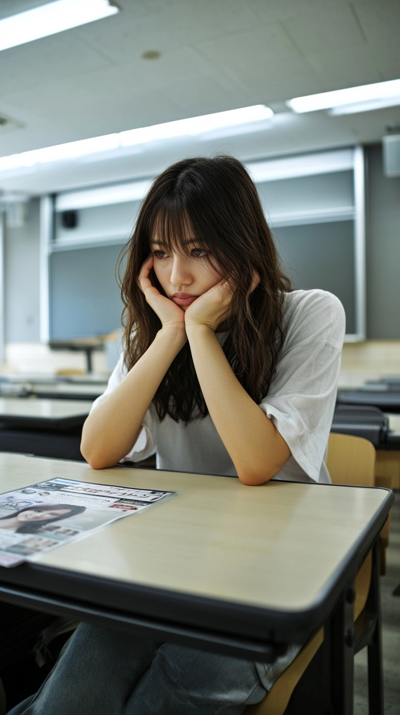 A Japanese female university student in casual clothes is shown looking at a flyer for an esthetic s