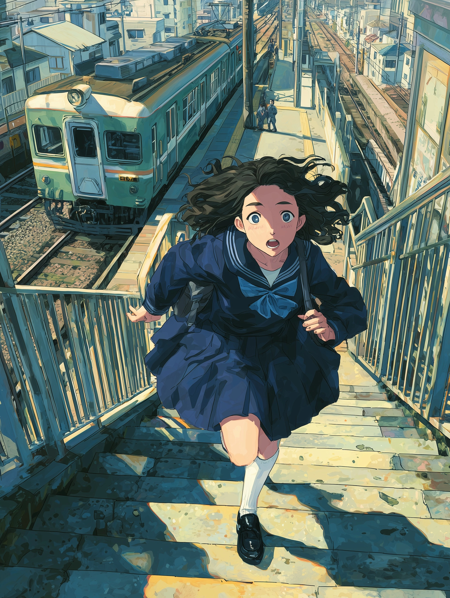 A Japanese high school girl with long wavy black hair streaming behind her and bright aqua blue eyes