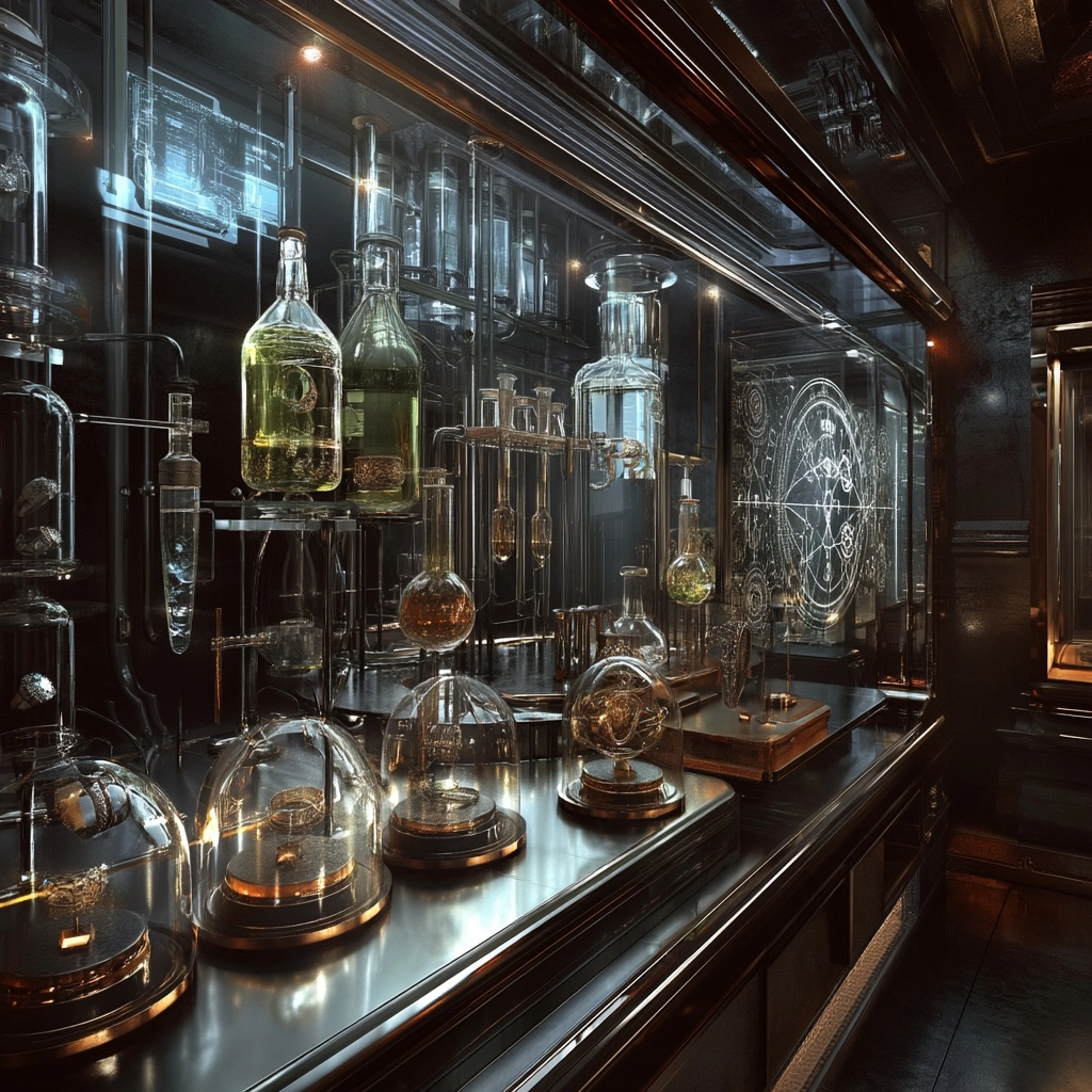 A jewelry display room blending elements of an alchemy laboratory and futuristic technology