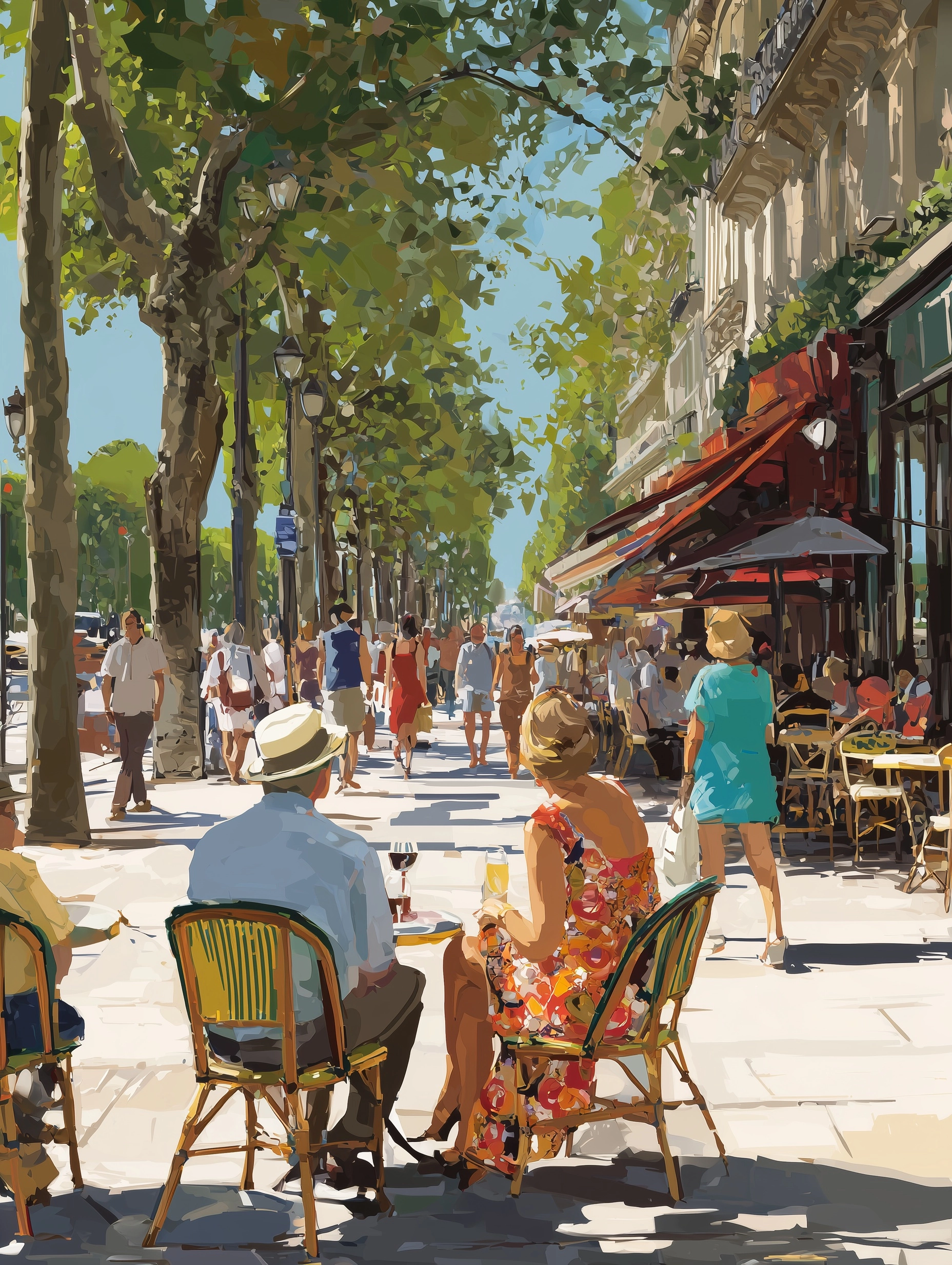 A middle aged couple sitting at a sidewalk French cafe on the Champs Elysées in mid Spring. He's wea
