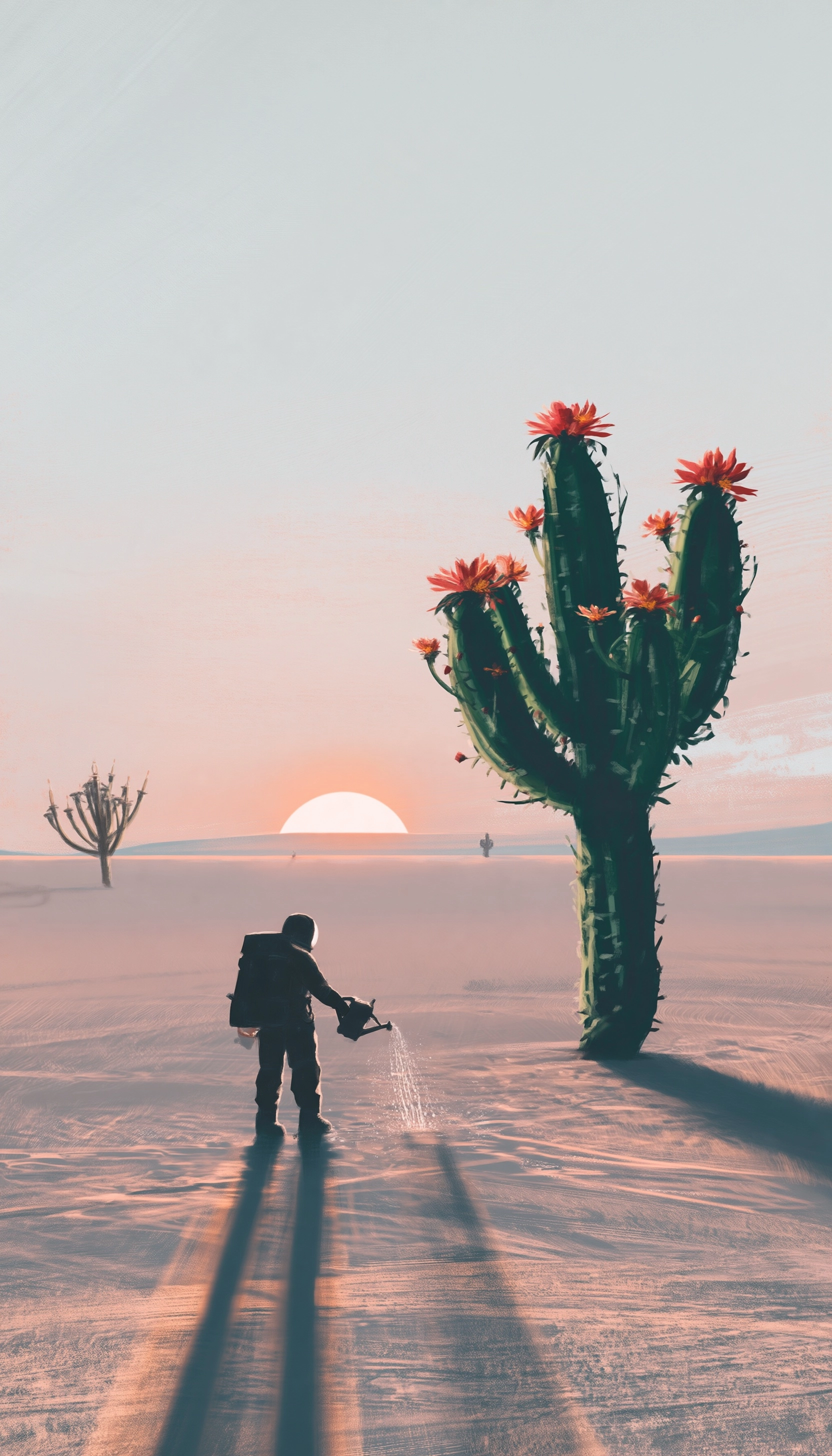 A lone astronaut watering giant blooming cacti shaped like chandeliers