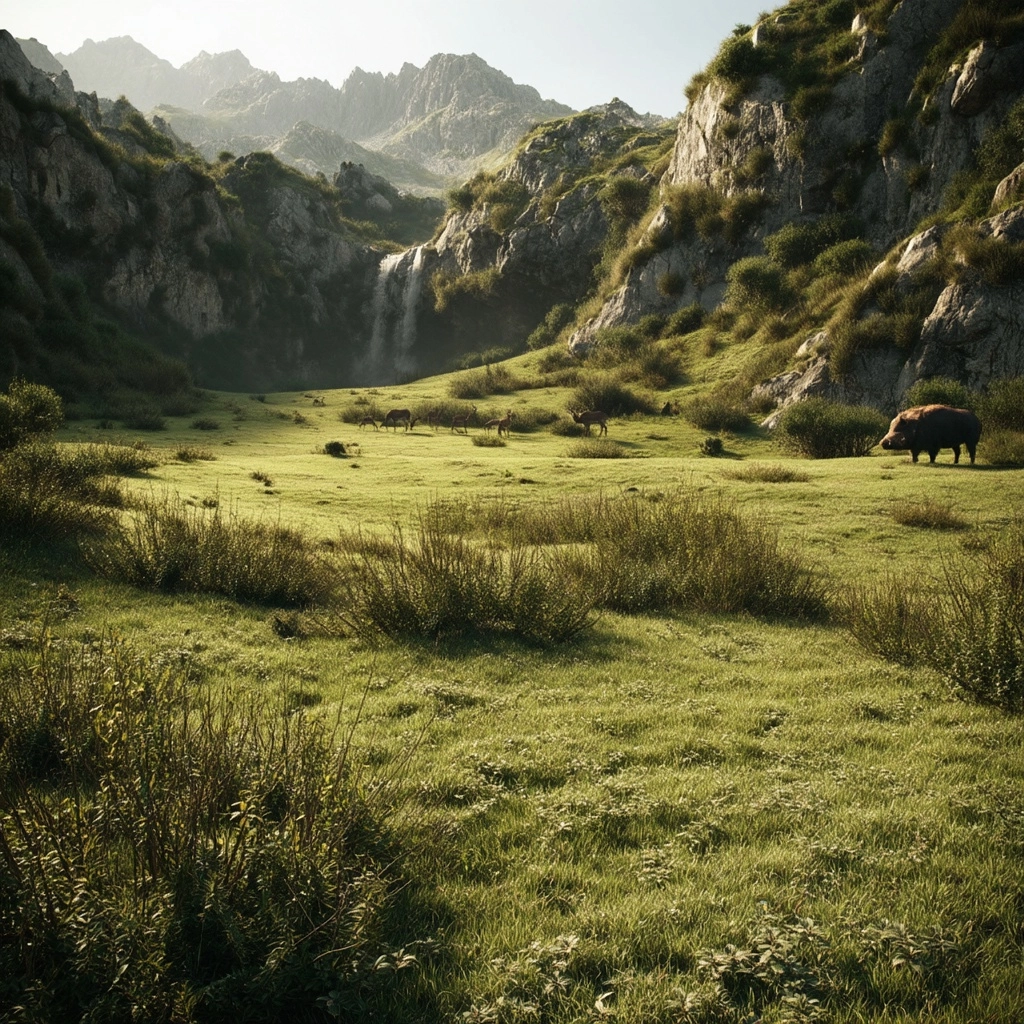 A lush savannah natural landscape that looks almost like a hidden valley. a green valley filled with