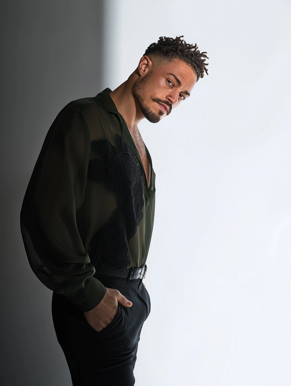 A male model wearing a dark green sheer shirt with a black floral design on the chest