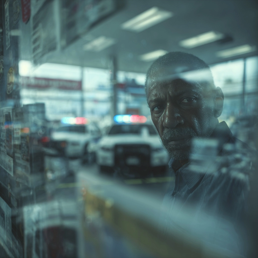 A man looking out from a service station window into the forcourt