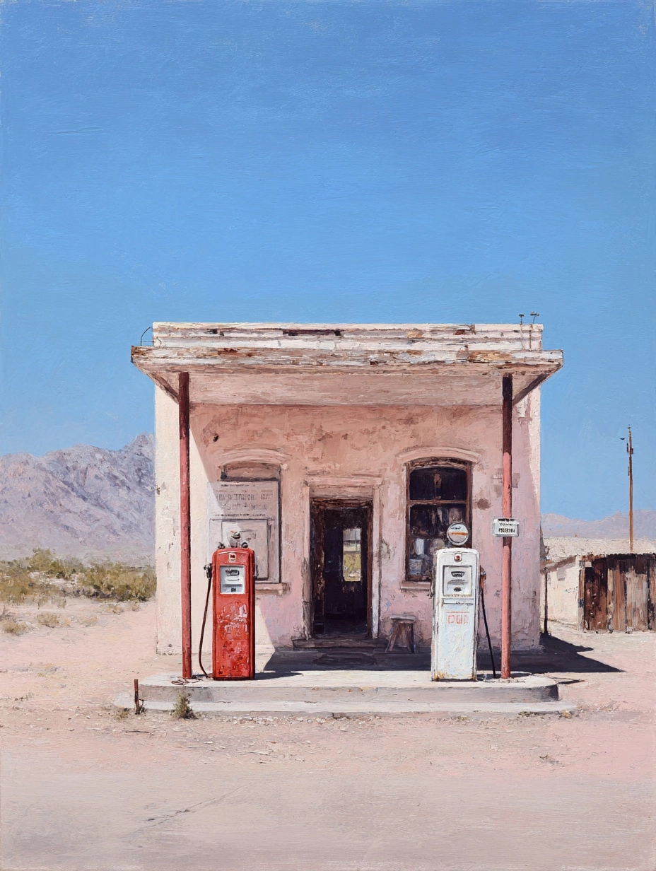 A minimalist oil painting of an old gas station in the american west using mostly beige colours