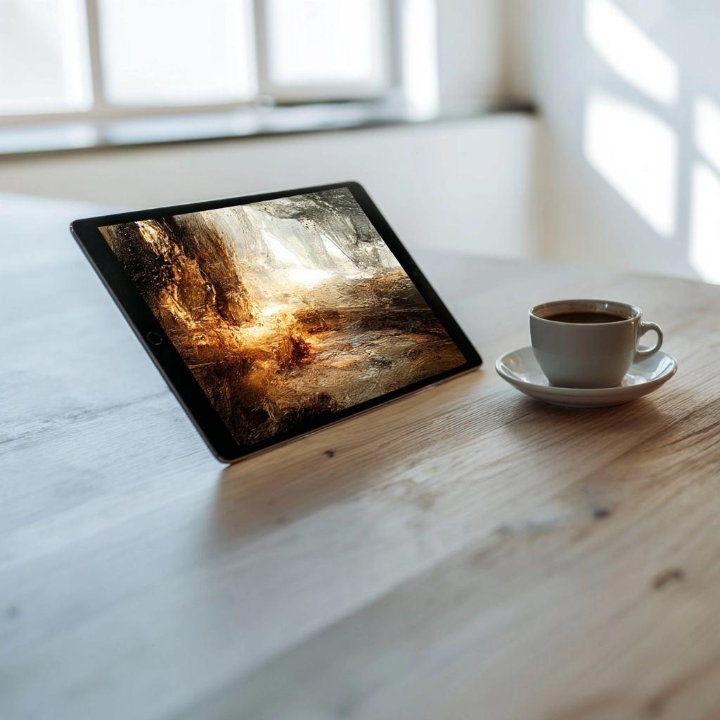 A minimalist workspace featuring a high-end tablet displaying a bold