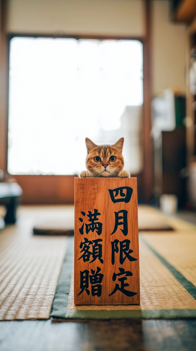 A nanoscale cute cat is holding a big wooden signboard written Chinese context "四月限定滿額贈"