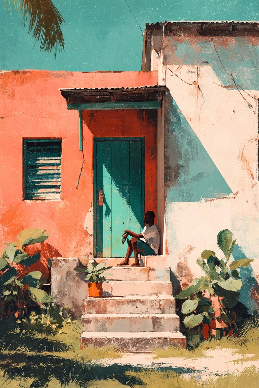 A painterly Caribbean scene of a small island house with a simple verandah