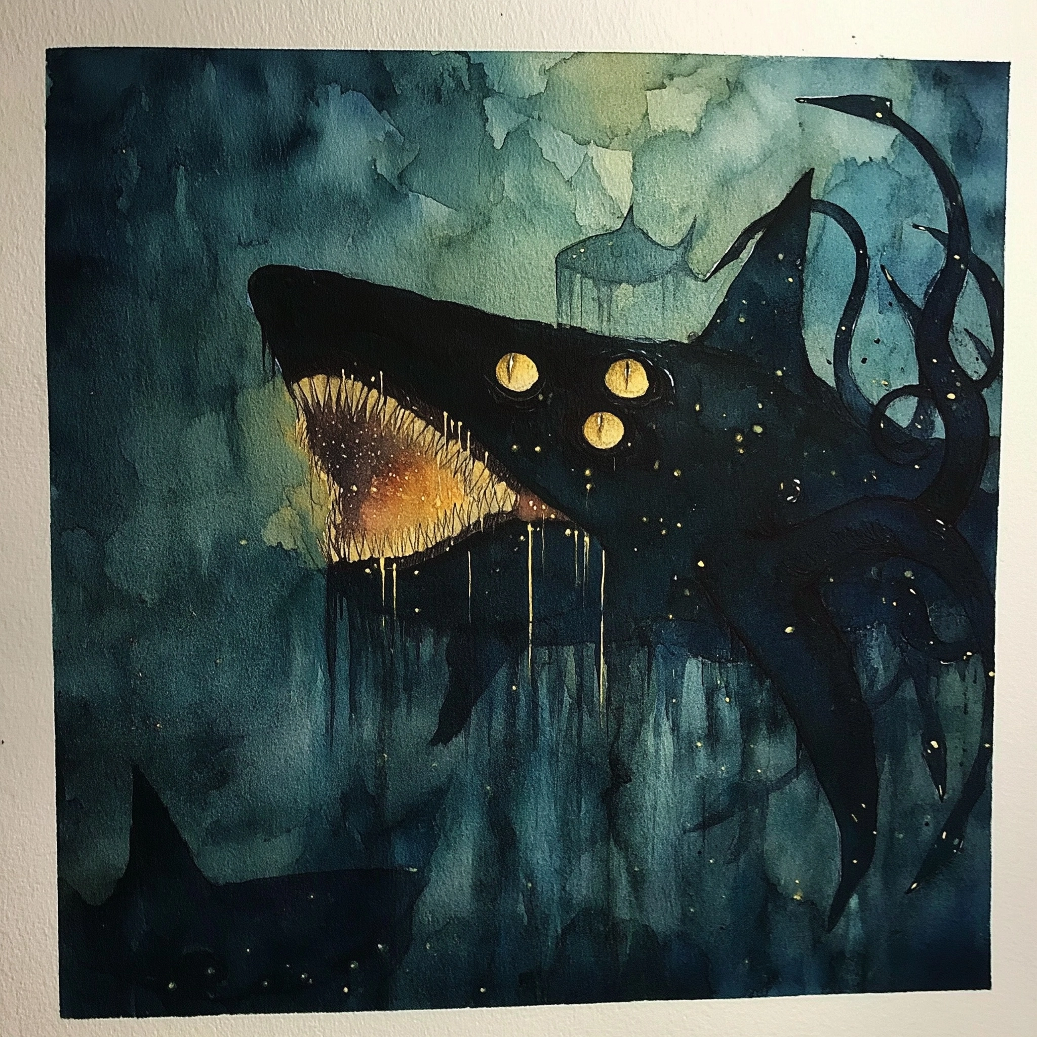 Watercolour fantasy planescape art, a terrifying shark monster with a mouth inside a mouth