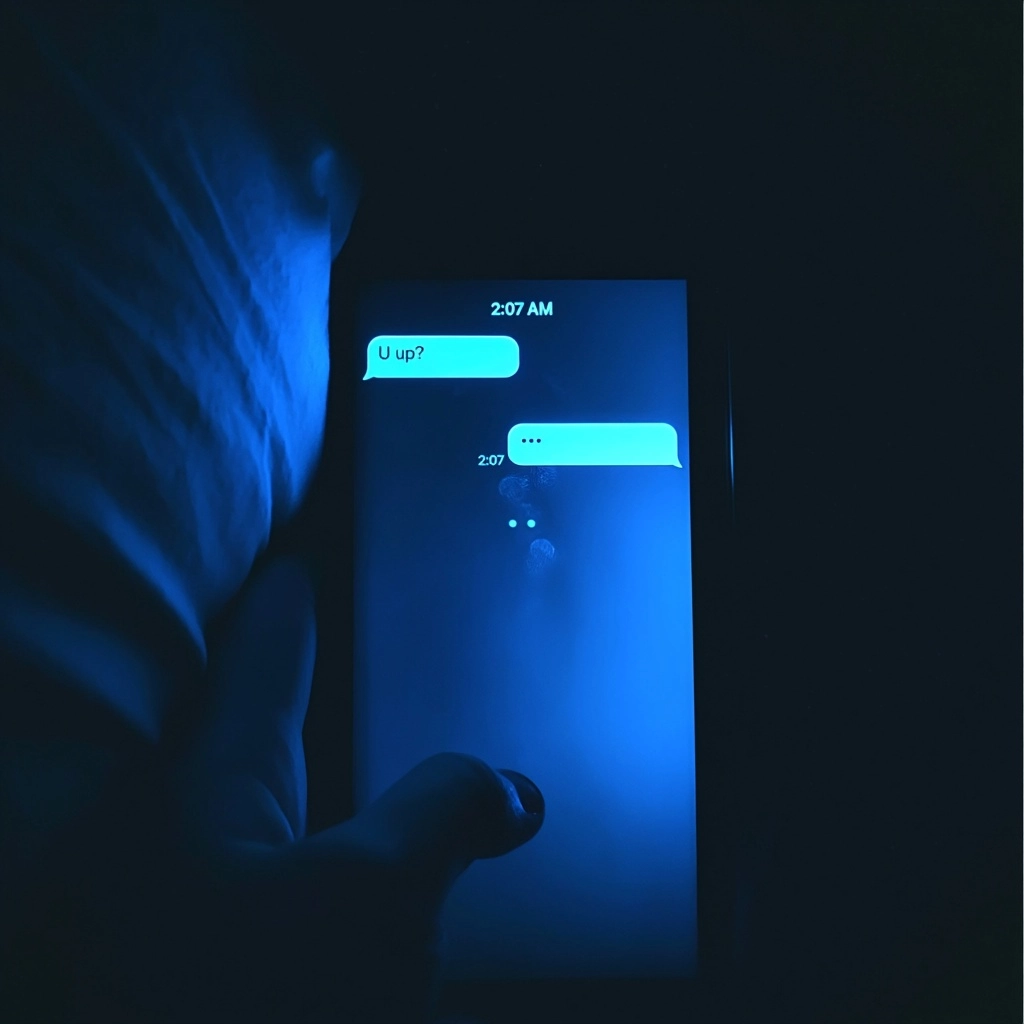 A phone screen glowing in complete darkness showing iMessage sms screen with a sent text from the ow