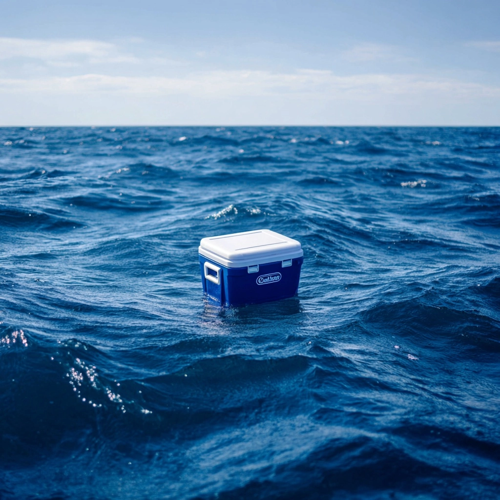 A photo of a coleman style blue and white plastic cooler floating in the middle of the ocean
