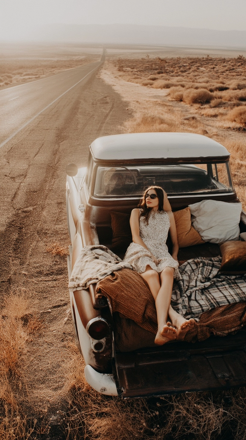 A photograph of an attractive woman lying on the driver's seat in her truck