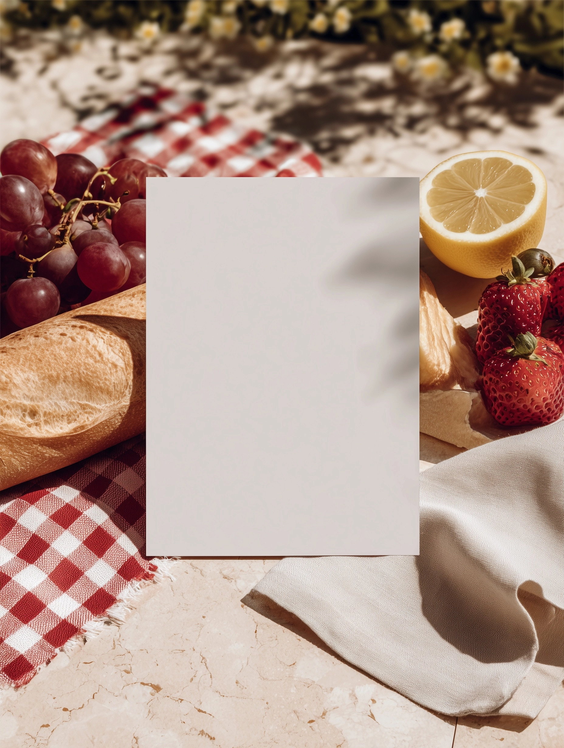 A photoreal image of one blank smooth A5 card laid flat on natural stone in an French courtyard. The