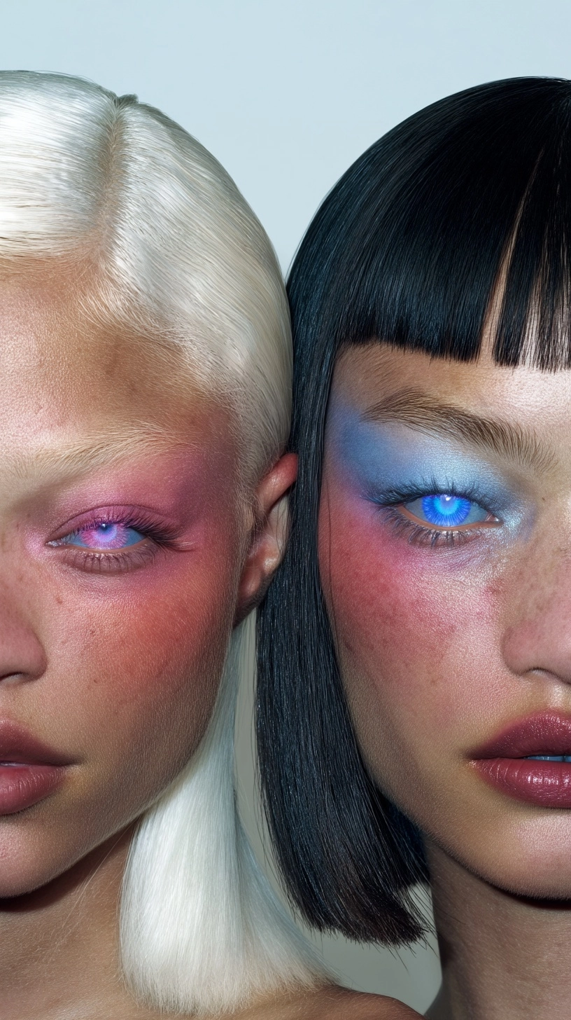 A photorealistic Vogue-style beauty composition of two digital hologram south asian models in layere