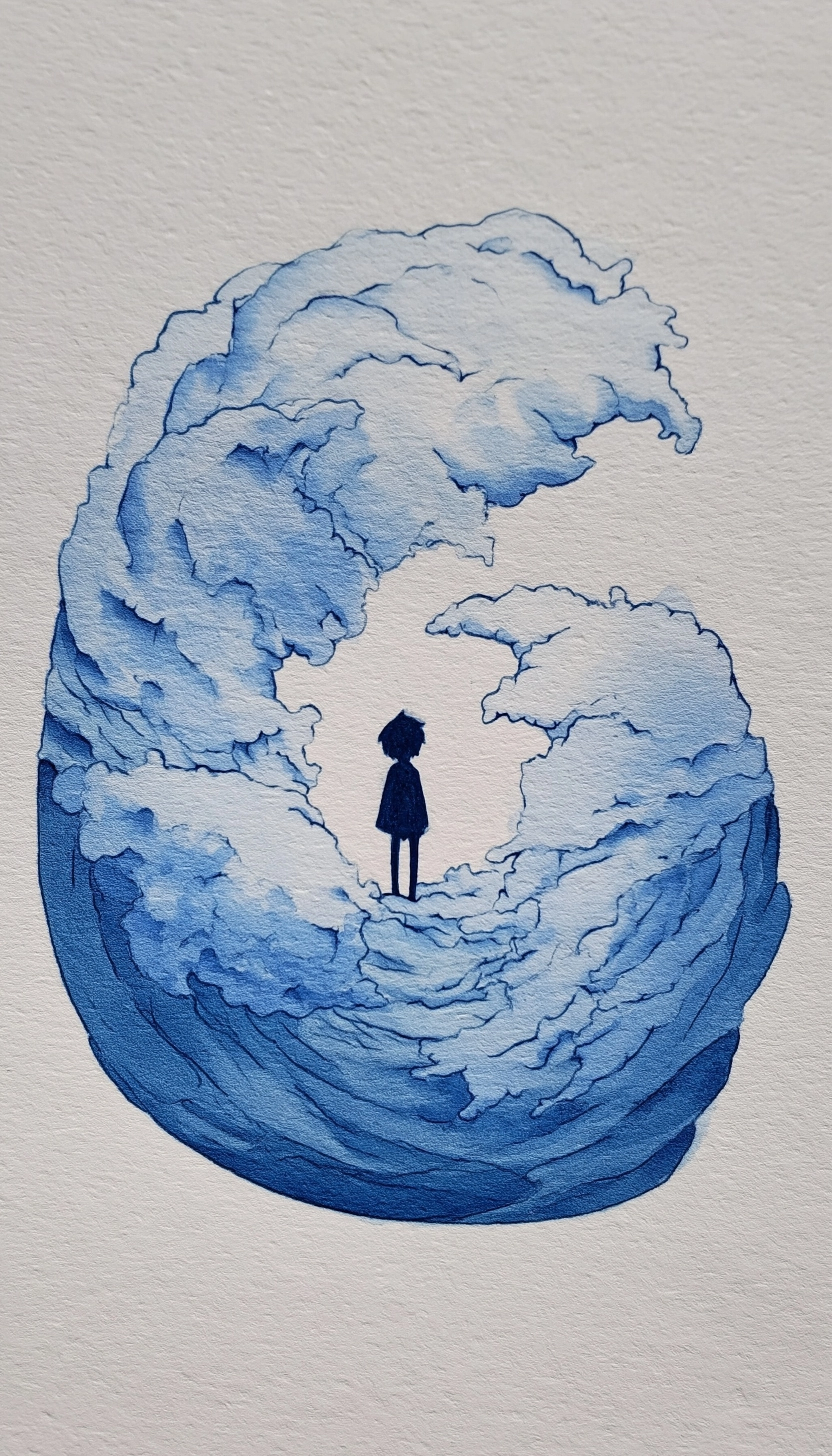 A small silhouette figure standing in the center of an ocean wave