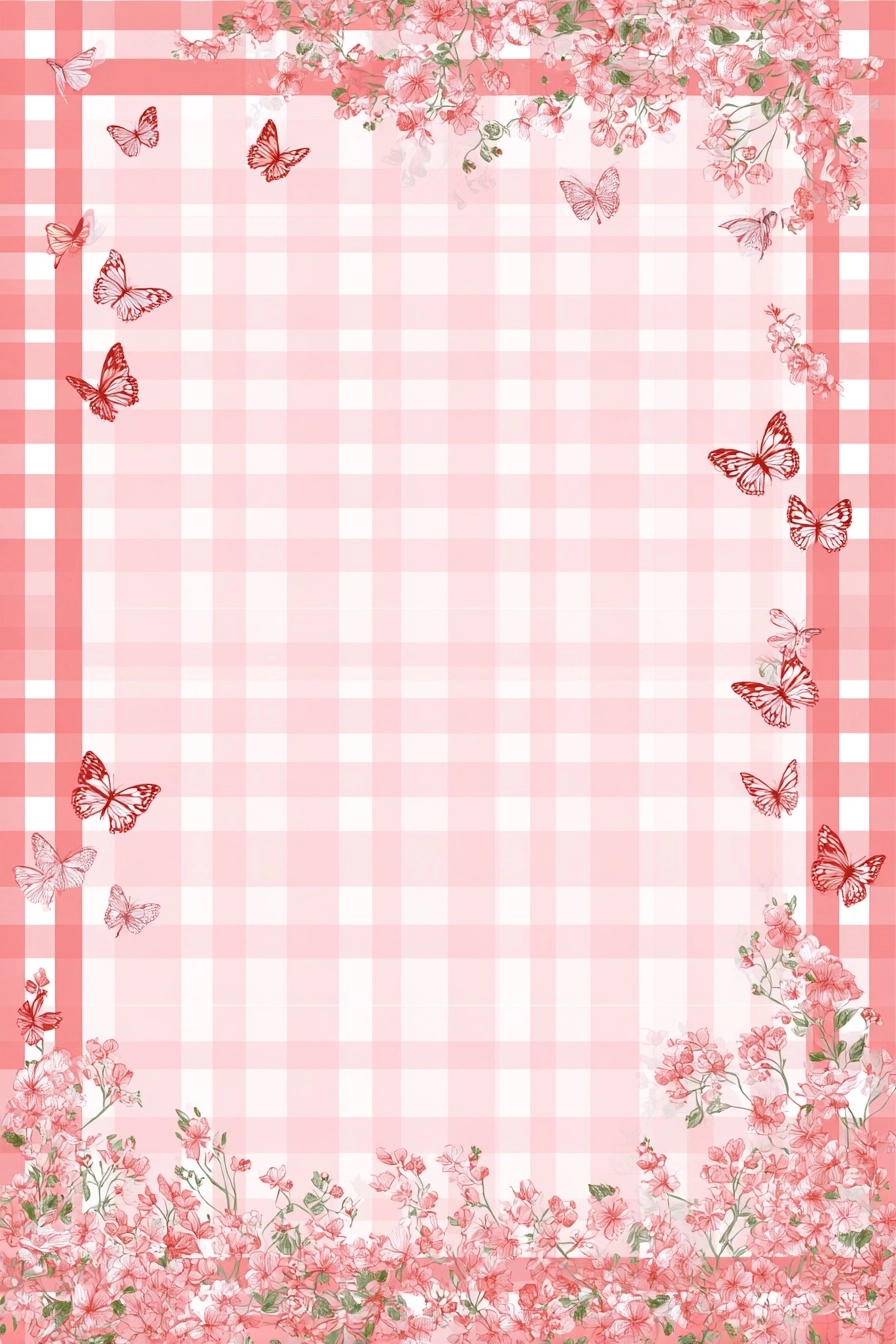 A pink gingham pattern with a border of butterflies and flowers, in a clipart style, for writing on.