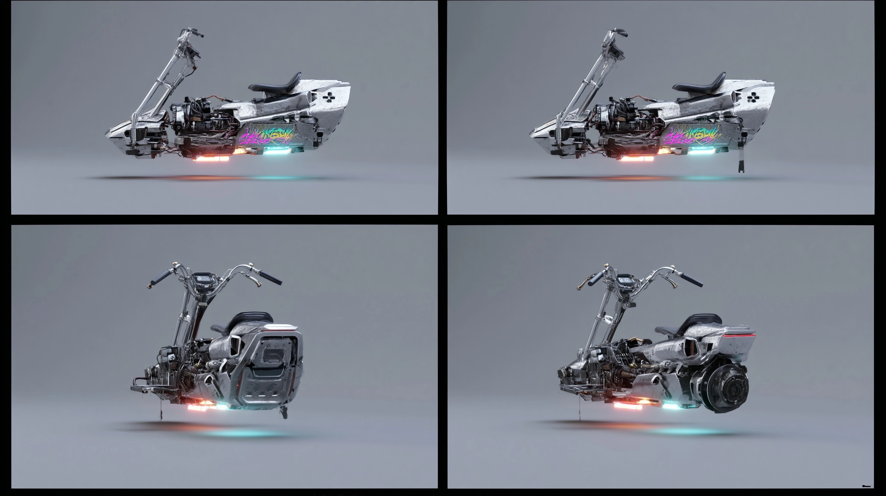 A professional vehicle design sheet of an ultra-modern floating anti-gravity hover-scooter. 4-panel