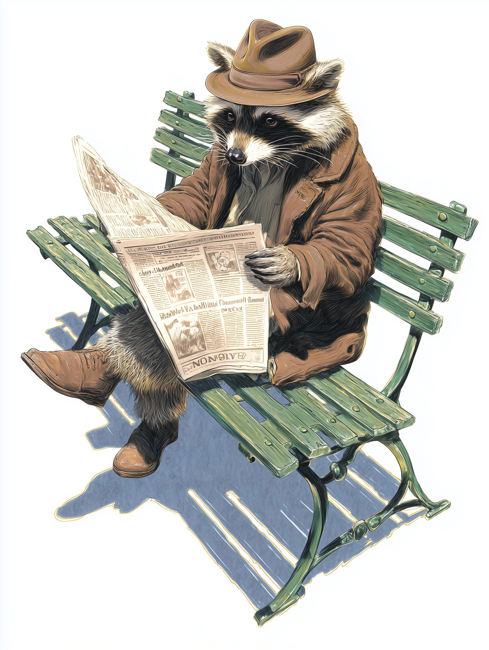 A raccoon sitting in a two seats metal vintage green park bench, reading the newspaper