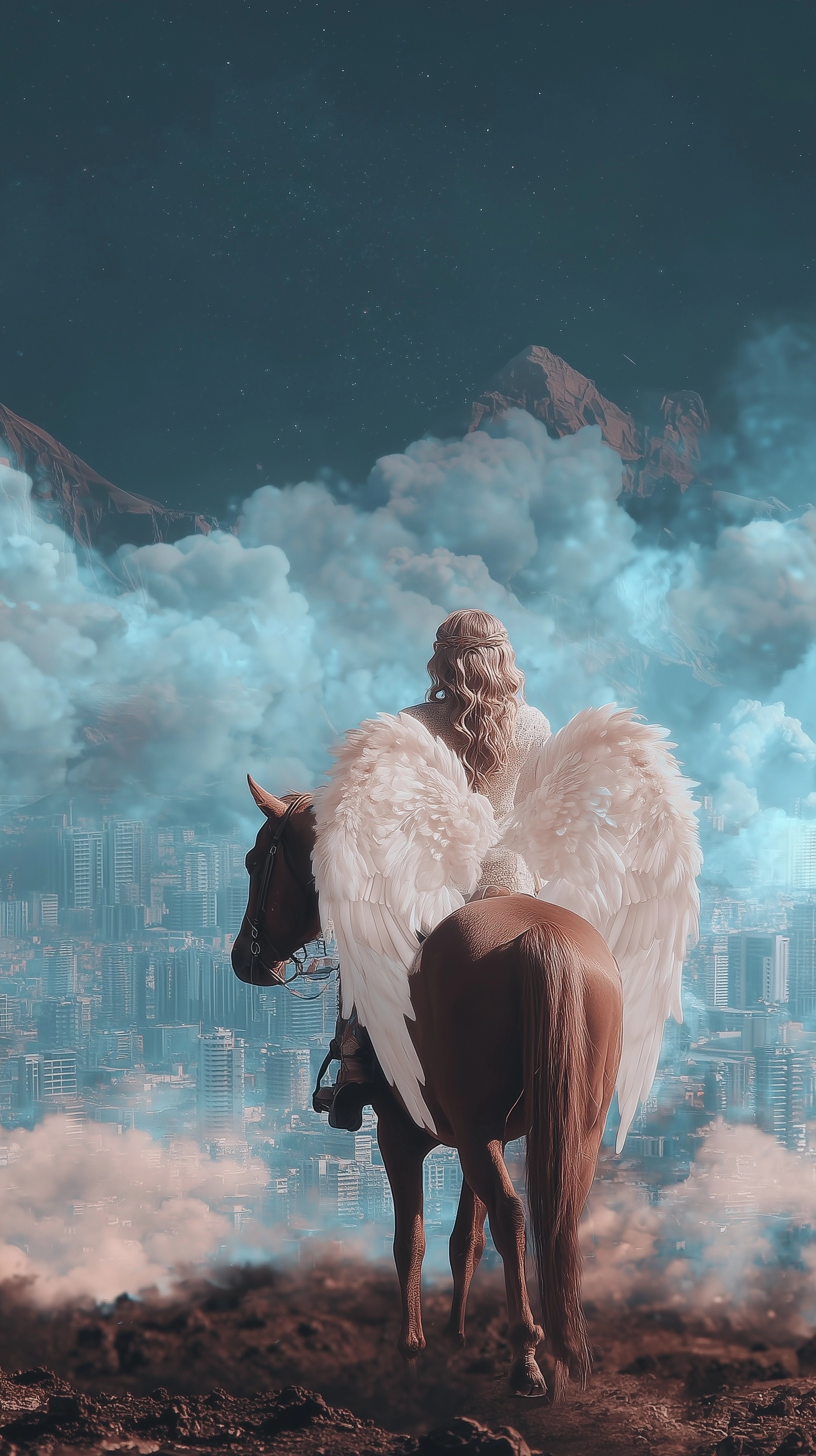 A realistic photo of the back view of an angel with luxurious white feather wings riding horseback.