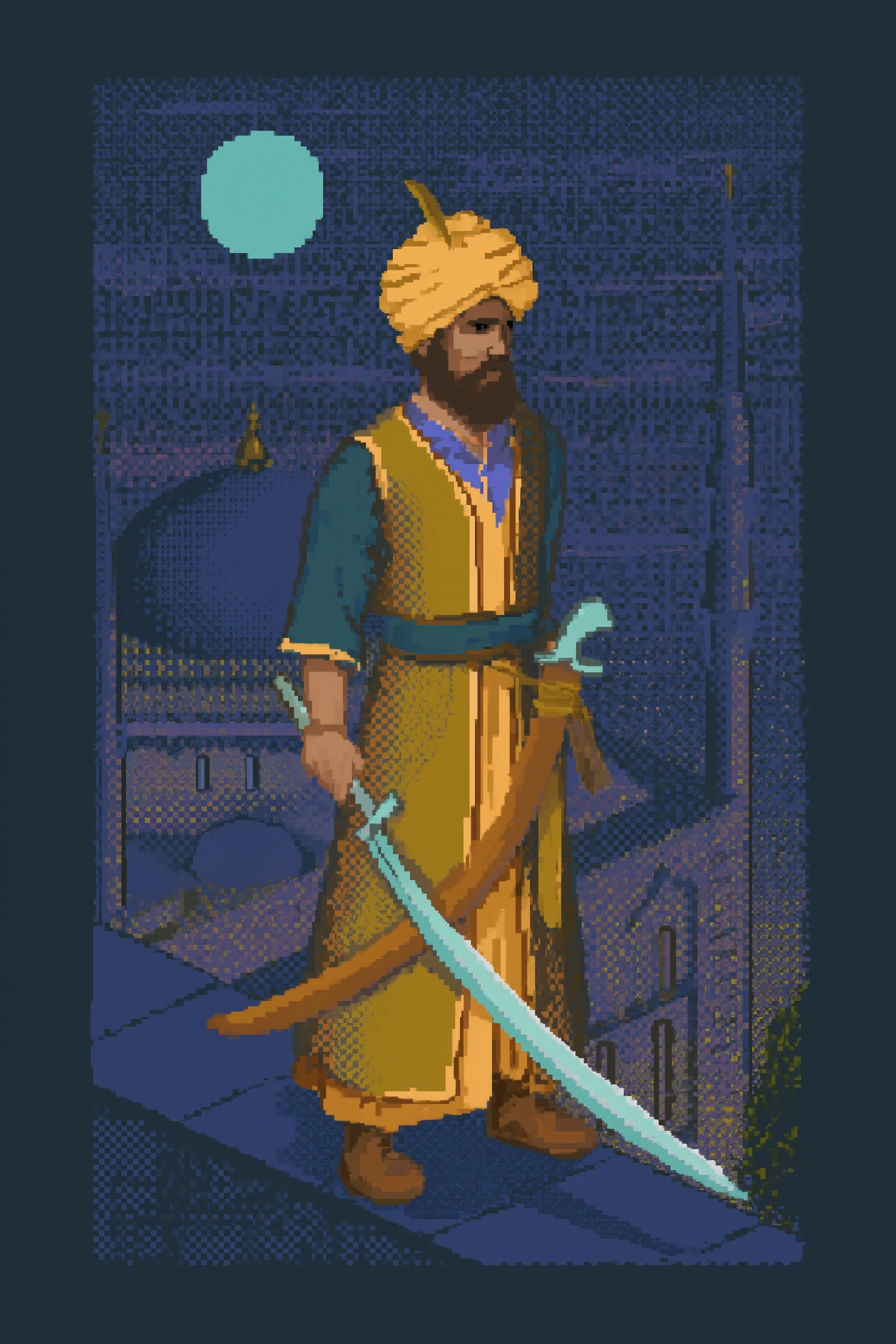 A retro old 1980s video game of a middle eastern man wearing a turban holding a long curved sword. s