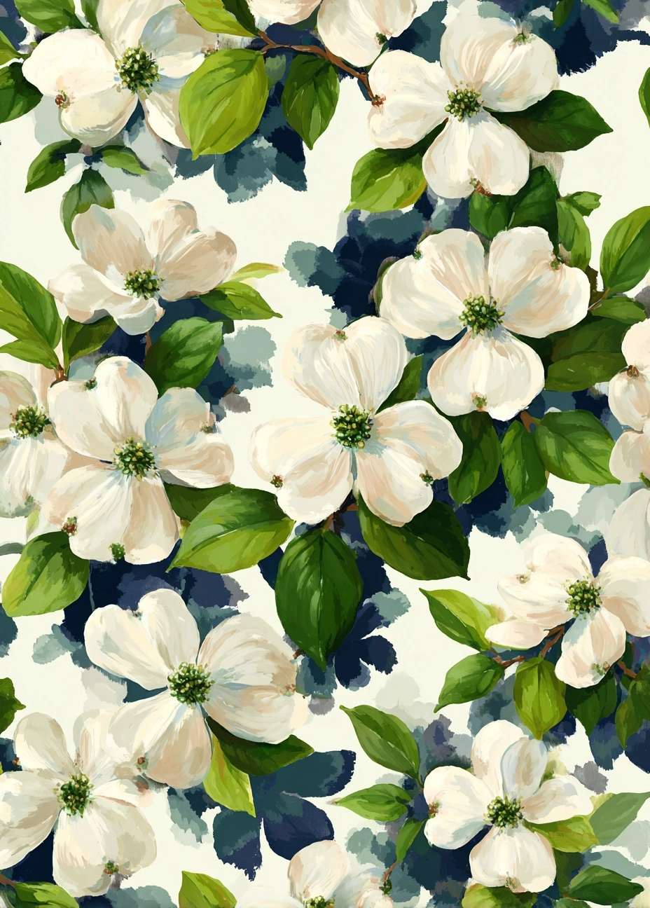 A seamless pattern of white dogwood flowers with green leaves