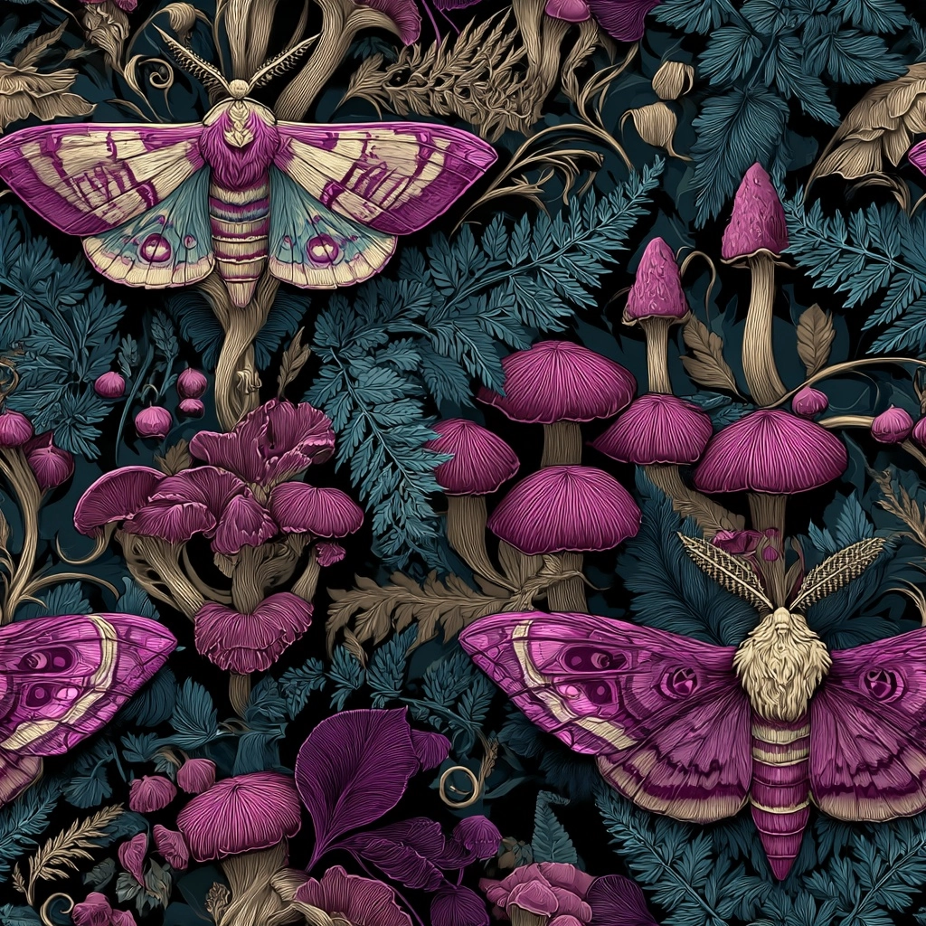 A seamless texture design featuring a moth surrounded by mushrooms and ferns in a fantasy art style.