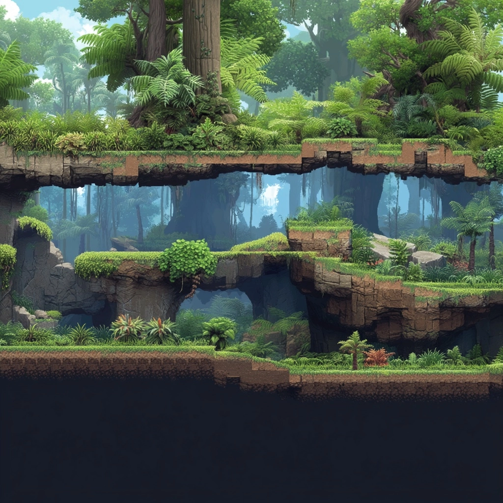 A side-scrolling platformer scene set in a dinosaur-era forest, clean and stylized pixel art
