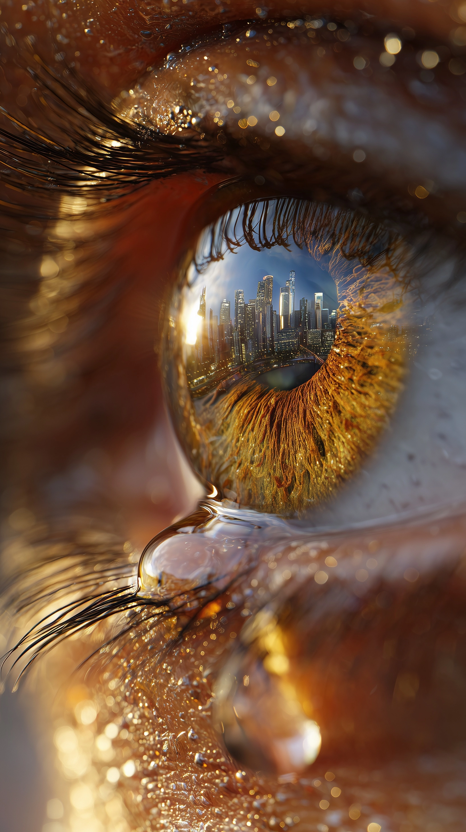 Extreme macro close-up of a human eye, golden-brown iris with intricate fiber details